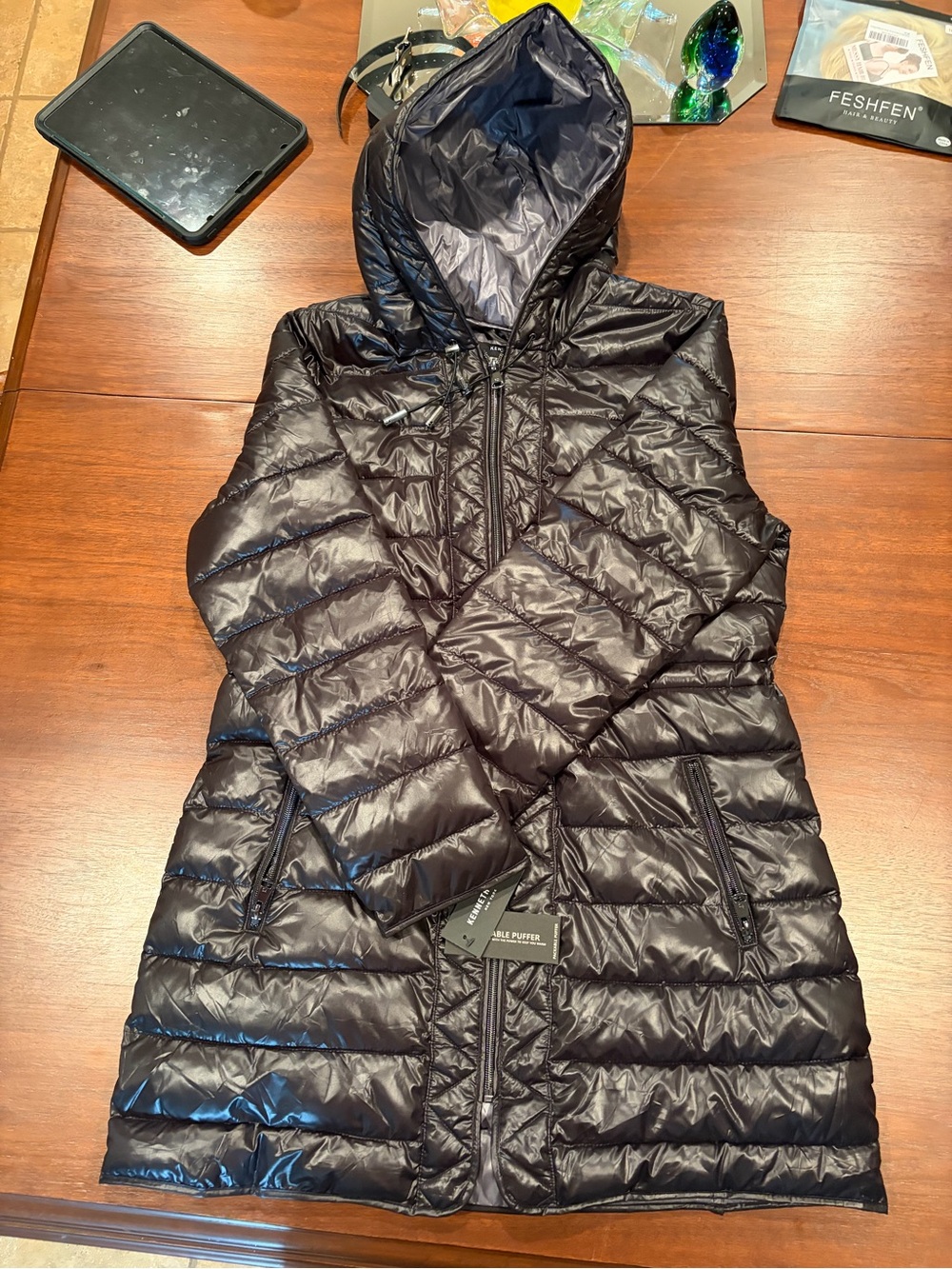 Kenneth Cole Black Quilted Hooded Long Puffer Coat